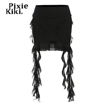 PixieKiki Мрежеста мини пола с ресни и висока талия Секси летни дрехи Дамски модни асиметрични черни поли 2024 P71-BI17