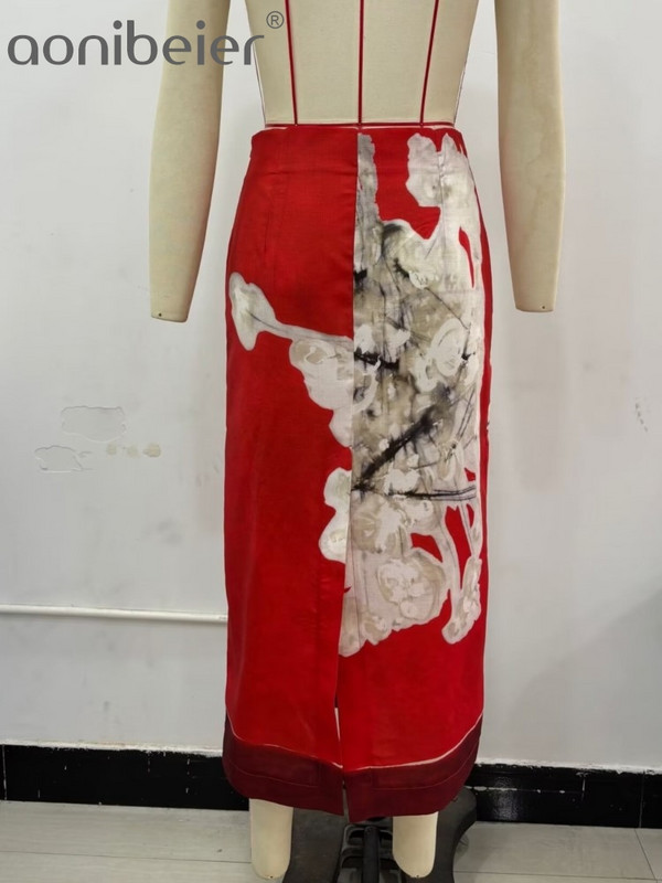 Aonibeier lilleprinteriga lapitehnikaga naiste pliiatsiga pikad seelikud Traf 2024 suvine kõrge vöökohaga lõhikuga naiste midiseelik Y2K tänavarõivad