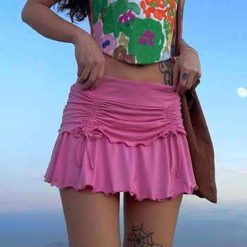 Kawaii Мини пола с ниска талия y2k Естетична шнурка Slim Fit Плисирани волани Неправилен подгъв Къса пола Дамско улично облекло за E-girl