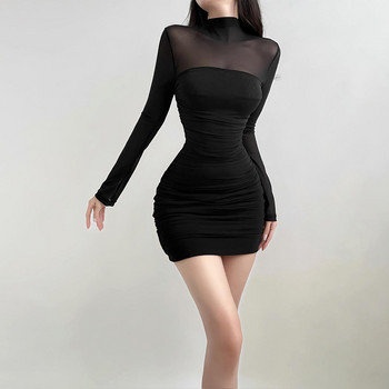 Прозрачна черна рокля по тялото за дамско облекло Тънко секси улично облекло с дълъг ръкав Vestidos De Mujer Модни облекла в пачуърк