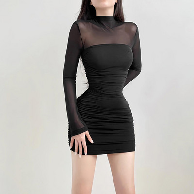 Прозрачна черна рокля по тялото за дамско облекло Тънко секси улично облекло с дълъг ръкав Vestidos De Mujer Модни облекла в пачуърк