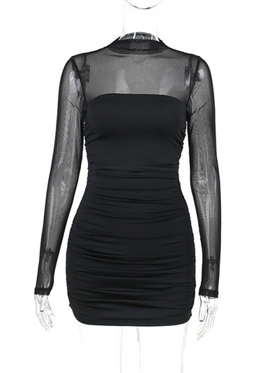 Δείτε μέσα από μαύρο Bodycon Φόρεμα για Γυναικεία Ρούχα Λεπτά σέξι Streetwear Μακρυμάνικα Vestidos De Mujer Μόδα συνονθύλευμα