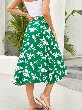 Зелена секси пола с флорални щампи Дамска лятна нова неправилна висока талия Елегантна парти мода Плажна ежедневна