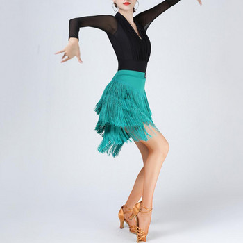 Пола с еластична талия Елегантна пола с пискюли за латино танци за жени Мини пола с висока талия за професионални танци за жени