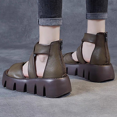 Sandale retro lucrate manual pentru femei, vara 2023, încrucișată, din piele de vacă, cu platformă, sandale gladiator, cizme cool pentru femei