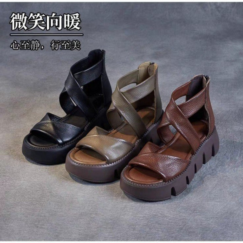 Sandale retro lucrate manual pentru femei, vara 2023, încrucișată, din piele de vacă, cu platformă, sandale gladiator, cizme cool pentru femei