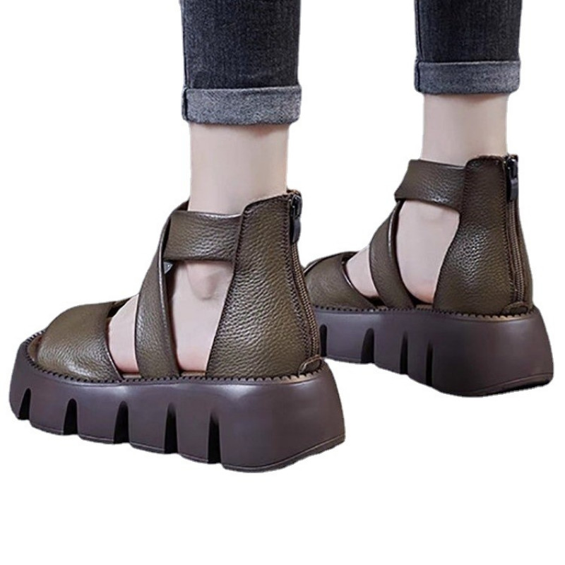 Sandale retro lucrate manual pentru femei, vara 2023, încrucișată, din piele de vacă, cu platformă, sandale gladiator, cizme cool pentru femei