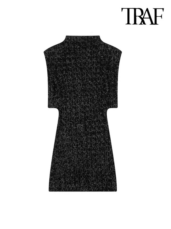 TRAF-Női fényes flitteres miniruha vállpárnákkal, ujjatlan, hátul cipzáras, női ruhák, szexi divat