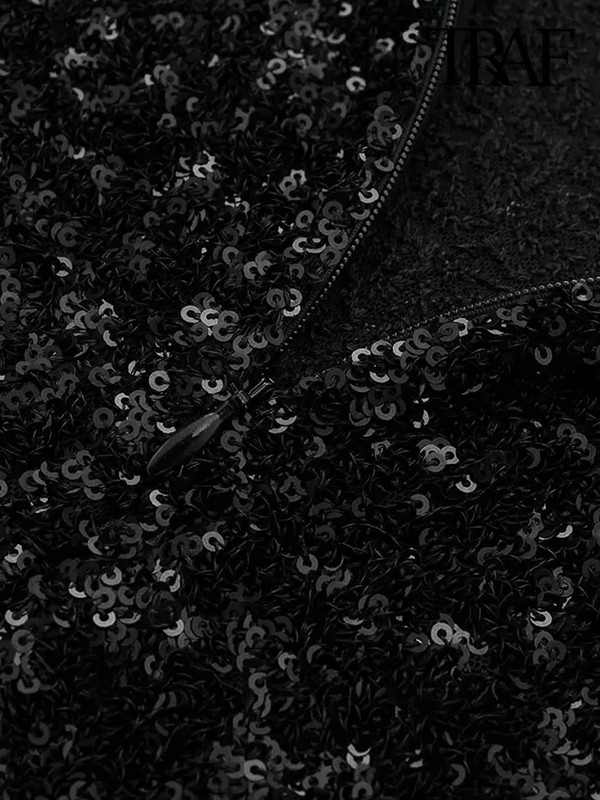 TRAF-Női fényes flitteres miniruha vállpárnákkal, ujjatlan, hátul cipzáras, női ruhák, szexi divat