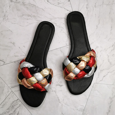 Vasariniai paplūdimio batai Madingi mulai Moteriški sandalai, plokščios su išorinėmis moteriškomis skaidrėmis vakarėliams pynimo moteriškos didelės 41 dydžio šlepetės