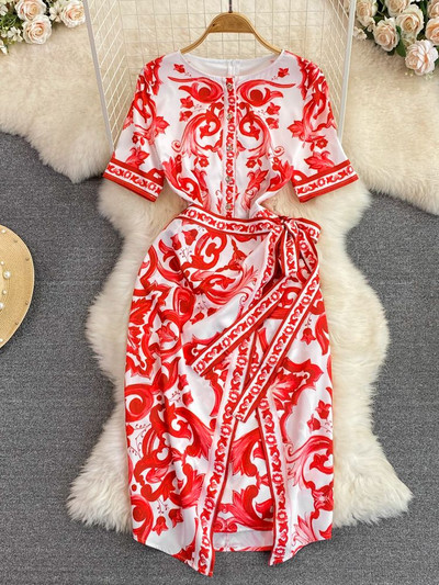 Módne letné reťazové luxusné midi šaty pre ženy s krátkym rukávom, výstrihom do V, kvetinovou potlačou, šnurovaním v páse, zavinovacím pásom a rozdelením na párty