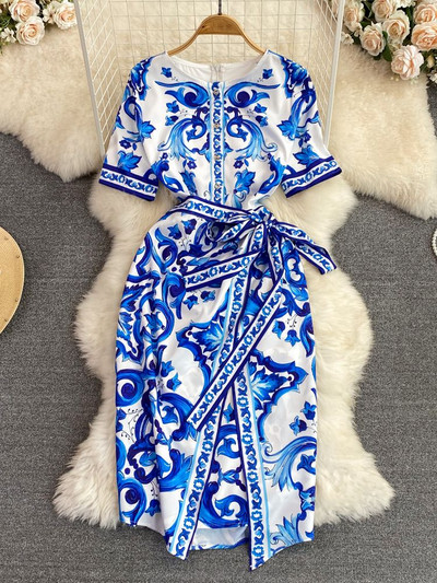 Módne letné reťazové luxusné midi šaty pre ženy s krátkym rukávom, výstrihom do V, kvetinovou potlačou, šnurovaním v páse, zavinovacím pásom a rozdelením na párty