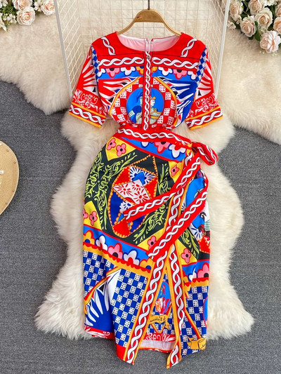 Módne letné reťazové luxusné midi šaty pre ženy s krátkym rukávom, výstrihom do V, kvetinovou potlačou, šnurovaním v páse, zavinovacím pásom a rozdelením na párty