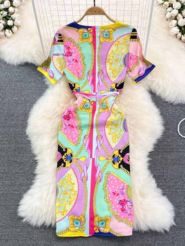 Módne letné reťazové luxusné midi šaty pre ženy s krátkym rukávom, výstrihom do V, kvetinovou potlačou, šnurovaním v páse, zavinovacím pásom a rozdelením na párty