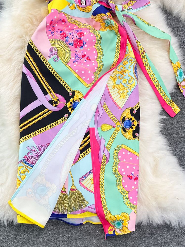 Módne letné reťazové luxusné midi šaty pre ženy s krátkym rukávom, výstrihom do V, kvetinovou potlačou, šnurovaním v páse, zavinovacím pásom a rozdelením na párty