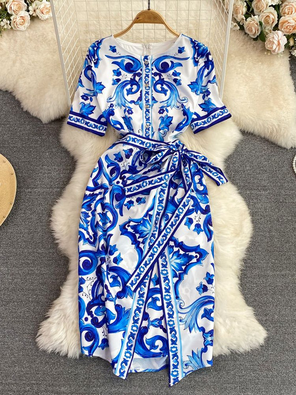 Módne letné reťazové luxusné midi šaty pre ženy s krátkym rukávom, výstrihom do V, kvetinovou potlačou, šnurovaním v páse, zavinovacím pásom a rozdelením na párty