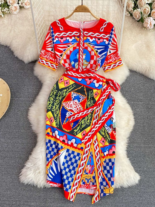 Módne letné reťazové luxusné midi šaty pre ženy s krátkym rukávom, výstrihom do V, kvetinovou potlačou, šnurovaním v páse, zavinovacím pásom a rozdelením na párty