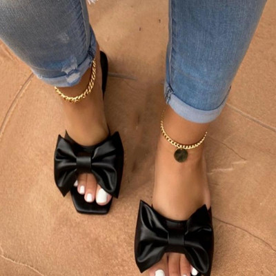 Καλοκαιρινό λευκό φιόγκο Flat Παντόφλες με πεταλούδα Peep Toe Outdoors Σανδάλια παραλίας Γυναικεία 2023 Fashion Easy Slide Slippers Laides