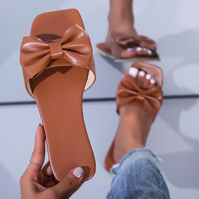 Καλοκαιρινό λευκό φιόγκο Flat Παντόφλες με πεταλούδα Peep Toe Outdoors Σανδάλια παραλίας Γυναικεία 2023 Fashion Easy Slide Slippers Laides