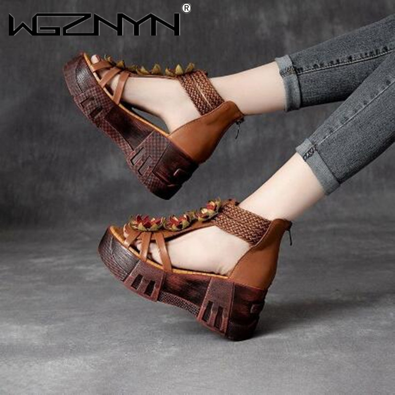 Sandale de damă retro 2023, din piele PU autentică, sandale de femei, cu platformă de vară, pantofi plat, sandale de femei, din piele, sandale gladiator