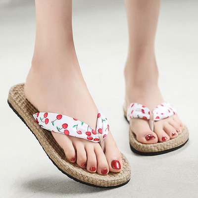 Μόδα καλοκαιρινές σαγιονάρες παραλίας Γυναικείες παντόφλες ψάθινες εσπαντρίγιες σανδάλια με μοτίβο φρούτων Σαγιονάρες παραλία με ίσια κάτω πέδιλα