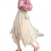 Naiste tüll seelik Elastne kõrge vöökohaga Midi seelik ebaregulaarse võrkäärega mitmetasandiline võrklõngast pikk seelik tänavarõivad