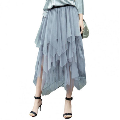 Naiste tüll seelik Elastne kõrge vöökohaga Midi seelik ebaregulaarse võrkäärega mitmetasandiline võrklõngast pikk seelik tänavarõivad