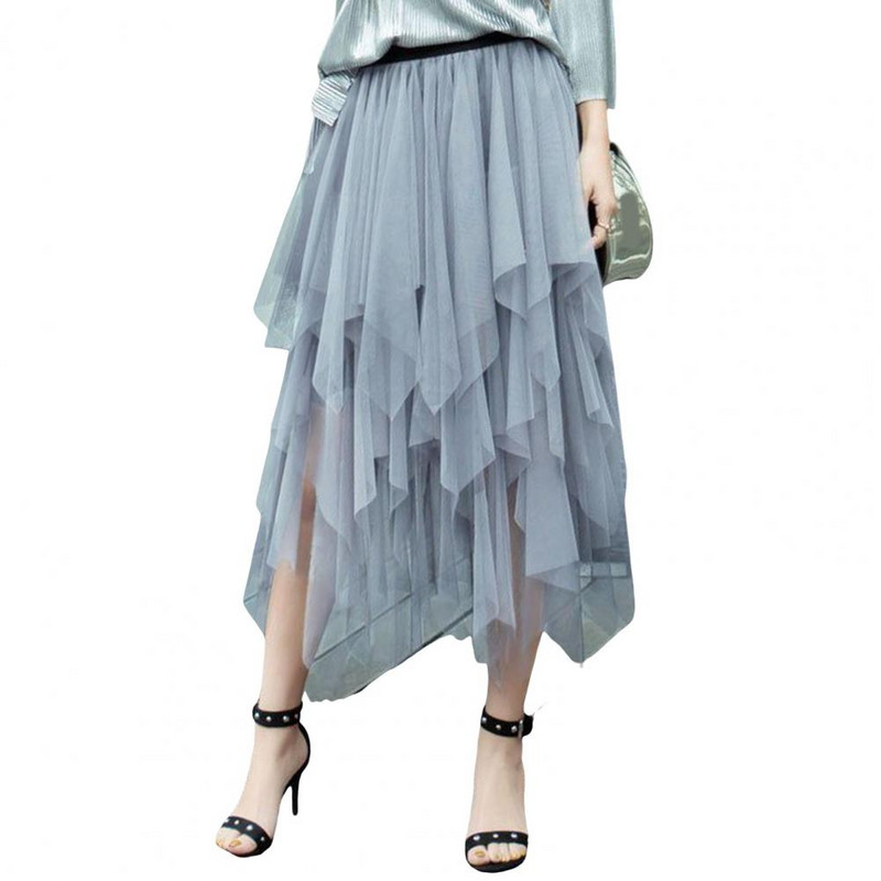 Naiste tüll seelik Elastne kõrge vöökohaga Midi seelik ebaregulaarse võrkäärega mitmetasandiline võrklõngast pikk seelik tänavarõivad