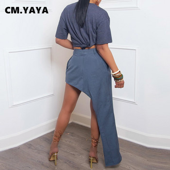 CM.YAYA Дамска мода Изпрана талия Тънки миди поли с висока странична разцепка 2024 Дамска улична неправилна дълга пола