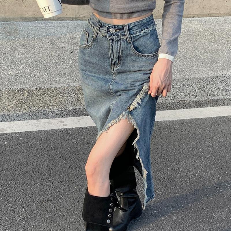 Moodne kõrge vöökohaga ebakorrapärase lõhega teksaseelik naistele suvine seksikas keskmise pikkusega A-joonega teksaseelik Naiste tänavarõivad