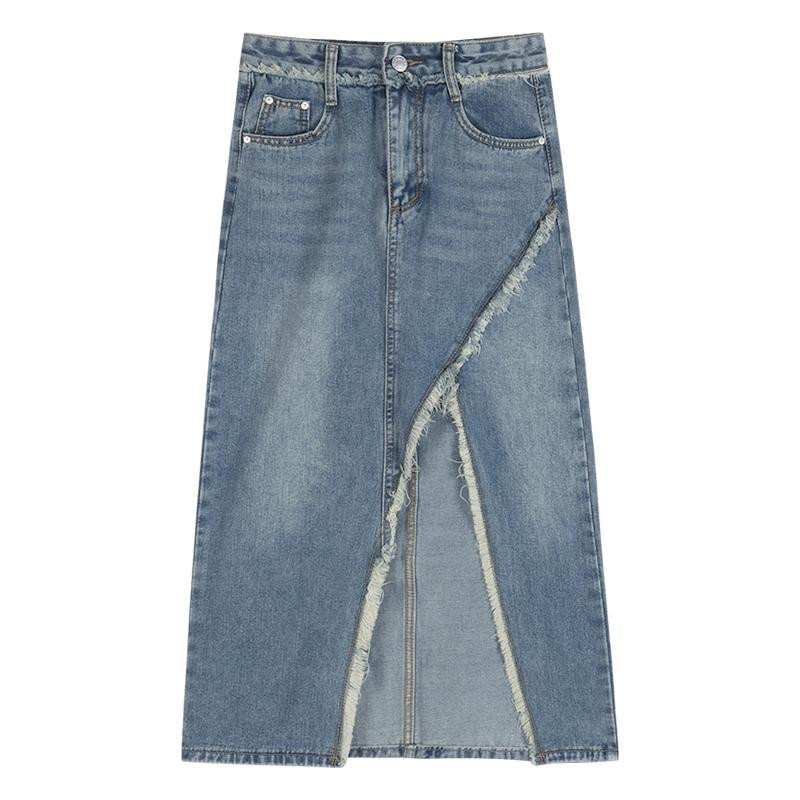 Moodne kõrge vöökohaga ebakorrapärase lõhega teksaseelik naistele suvine seksikas keskmise pikkusega A-joonega teksaseelik Naiste tänavarõivad