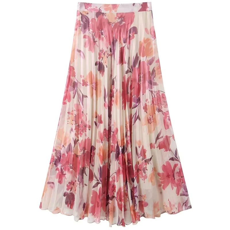 TRAF Midi print suknja Ženska suknja Proljeće ljeto 2024. Suknja od šifona s volanima srednjeg struka s cvjetnim patentnim zatvaračem sa strane Elegantne modne suknje