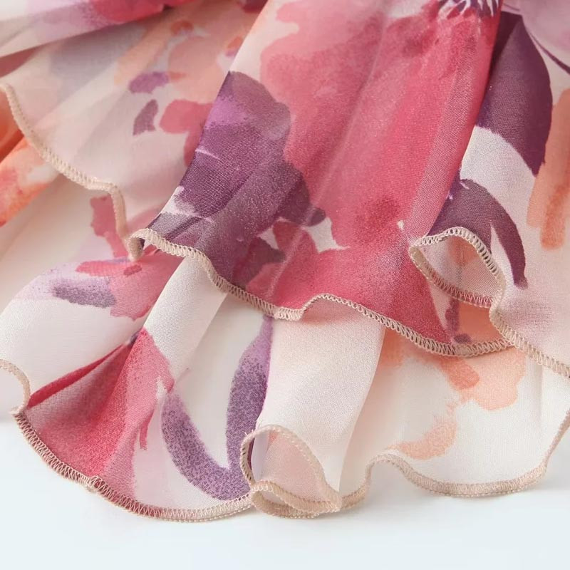 TRAF Midi print suknja Ženska suknja Proljeće ljeto 2024. Suknja od šifona s volanima srednjeg struka s cvjetnim patentnim zatvaračem sa strane Elegantne modne suknje