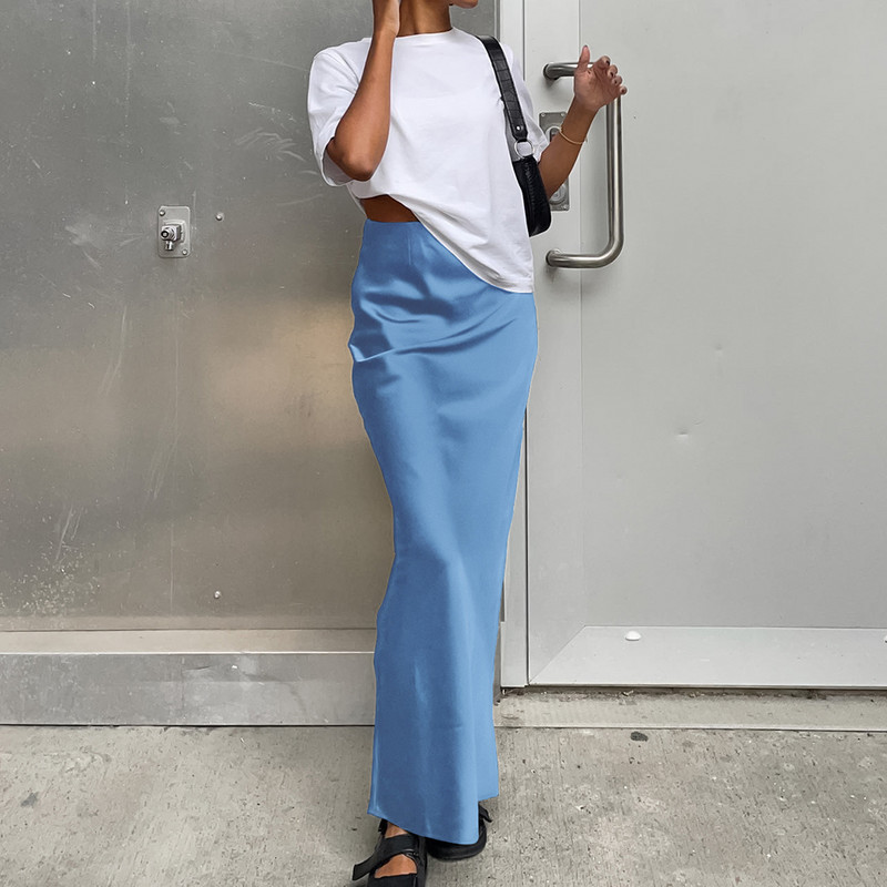 Női szatén fekete hosszú szoknya Y2K tavaszi magas derekú csípő csomag női alkalmi laza szoknya divat utcai tömör női szoknya