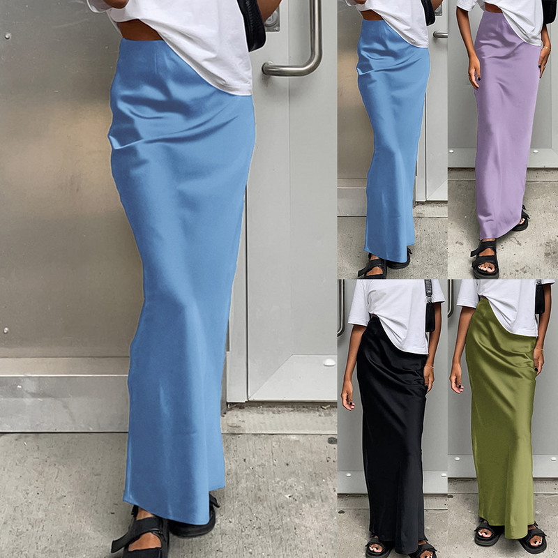 Női szatén fekete hosszú szoknya Y2K tavaszi magas derekú csípő csomag női alkalmi laza szoknya divat utcai tömör női szoknya