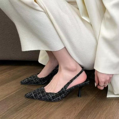 Sandales Stiletto papēži, melni apavi sievietēm, viss atbilst 2024. gada vasaras smilškrāsas augsta sudraba krāsā, jauns komforts, modē, atvērtā krāsā, Rhinestone Girls S