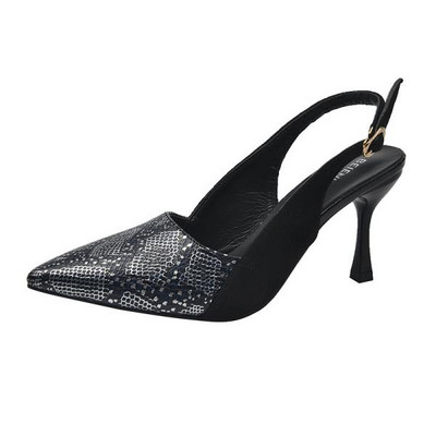 Sandales Stiletto papēži, melni apavi sievietēm, viss atbilst 2024. gada vasaras smilškrāsas augsta sudraba krāsā, jauns komforts, modē, atvērtā krāsā, Rhinestone Girls S