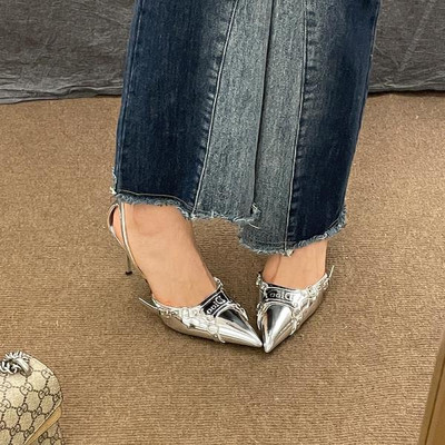 Sandales Stiletto papēži, melni apavi sievietēm, viss atbilst 2024. gada vasaras smilškrāsas augsta sudraba krāsā, jauns komforts, modē, atvērtā krāsā, Rhinestone Girls S