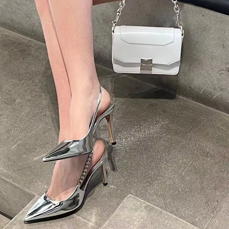 Sandales Stiletto papēži, melni apavi sievietēm, viss atbilst 2024. gada vasaras smilškrāsas augsta sudraba krāsā, jauns komforts, modē, atvērtā krāsā, Rhinestone Girls S