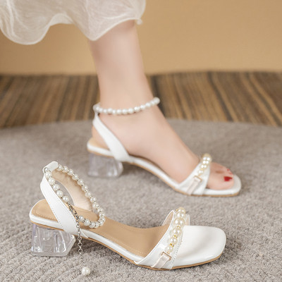 Νέος σχεδιασμός Σέξι πέρλες με κορδόνι με χάντρες με καθαρές γόβες Γυναικεία σανδάλια Καλοκαιρινό φόρεμα Gladiator Party με λουράκι Pumps Παπούτσια