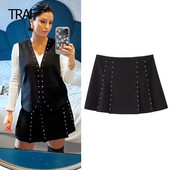 TRAF Rhinestones Πλισέ Φούστα Γυναικείες Φούστες Φθινοπωρινές Χειμερινές Φούστα στη μέση με φερμουάρ στο πλάι Κορεάτικο στυλ πολυτελείας κομψές φούστες