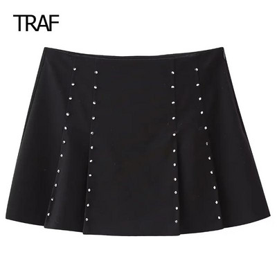 TRAF Rhinestones Πλισέ Φούστα Γυναικείες Φούστες Φθινοπωρινές Χειμερινές Φούστα στη μέση με φερμουάρ στο πλάι Κορεάτικο στυλ πολυτελείας κομψές φούστες