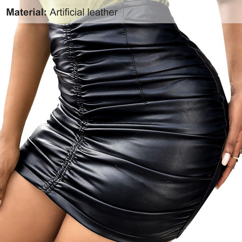 Fusta mini pentru club de noapte Slim Fit Club Show Talie înaltă Fermoar plisat Solid neted Pantaloni subțiri din piele artificială pentru femeie de petrecere