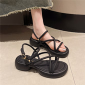 Τσόκαρα με τακούνι 2024 Καλοκαιρινό ψηλά πέδιλα Γυναικεία γυναικεία παπούτσια Espadrilles Πλατφόρμα Πόρπη λουράκι Med Χοντρό ψηλοτάκουνο κοριτσίστικο λάκα