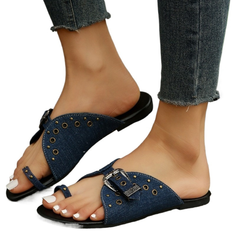 2024. g. Jauni sieviešu apavi Vasaras sandales, apaļas purngala pēdas, pludmales brīvdienu sandales, cilpiņas, piesprādzētas purngala gredzens, pludmales džinsu ķekatas