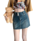 Naiste kõrgekasvulised salendavad retro teksaseelikud ühevärvilised, armsad puusade kõverusega miniseelikud Tüdrukute vabaaja mitmekülgne võluv kostüüm