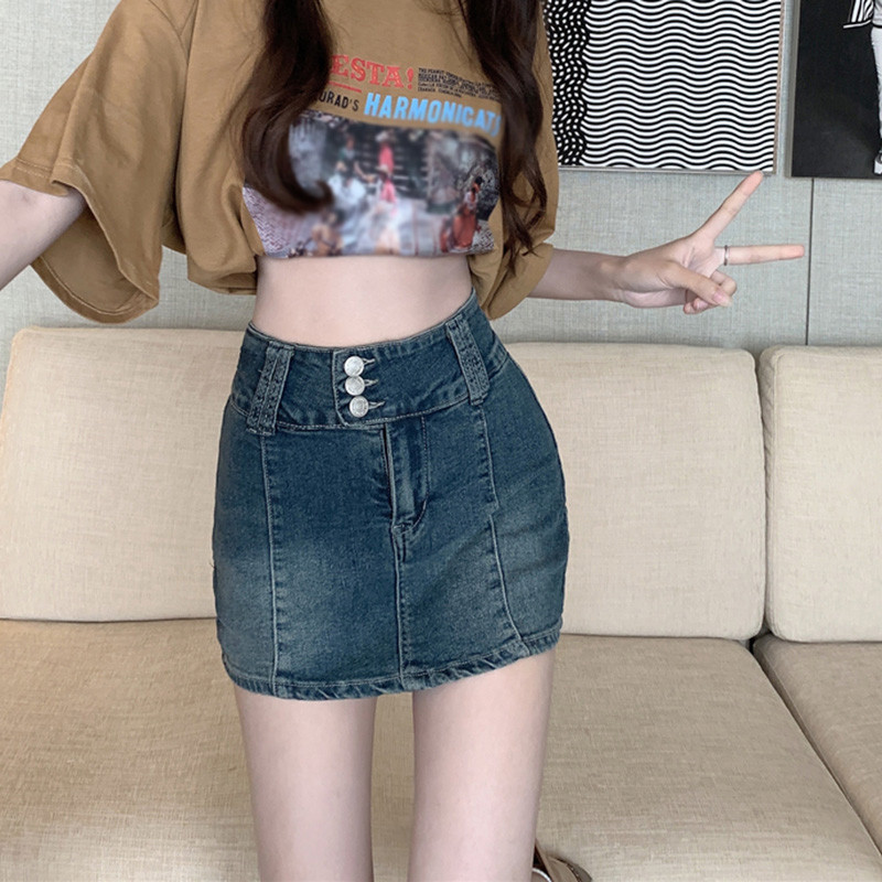 Naiste kõrgekasvulised salendavad retro teksaseelikud ühevärvilised, armsad puusade kõverusega miniseelikud Tüdrukute vabaaja mitmekülgne võluv kostüüm