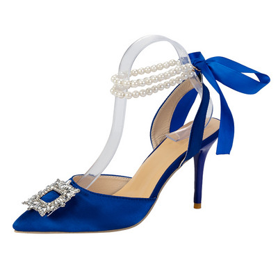 Svilene ženske cipele u jesenskom dizajnu 2023. Kvadratne, kristalno neobičnog stila, visoke potpetice sa šiljatim prstima, udobne cipele za vjenčanje za mladenku