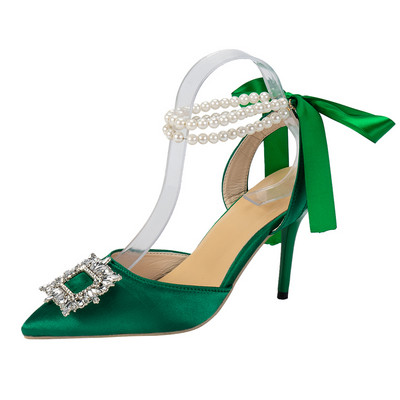 Svilene ženske cipele u jesenskom dizajnu 2023. Kvadratne, kristalno neobičnog stila, visoke potpetice sa šiljatim prstima, udobne cipele za vjenčanje za mladenku