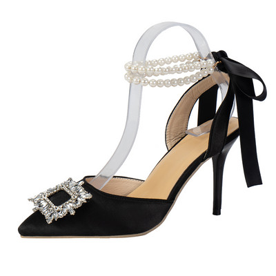 Svilene ženske cipele u jesenskom dizajnu 2023. Kvadratne, kristalno neobičnog stila, visoke potpetice sa šiljatim prstima, udobne cipele za vjenčanje za mladenku